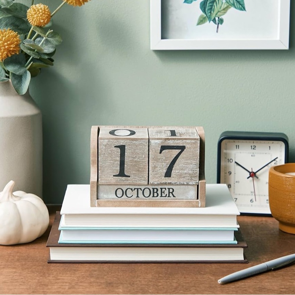 Wooden Perpetual Block Calendar for Desk, Wood Month Date Display Blocks